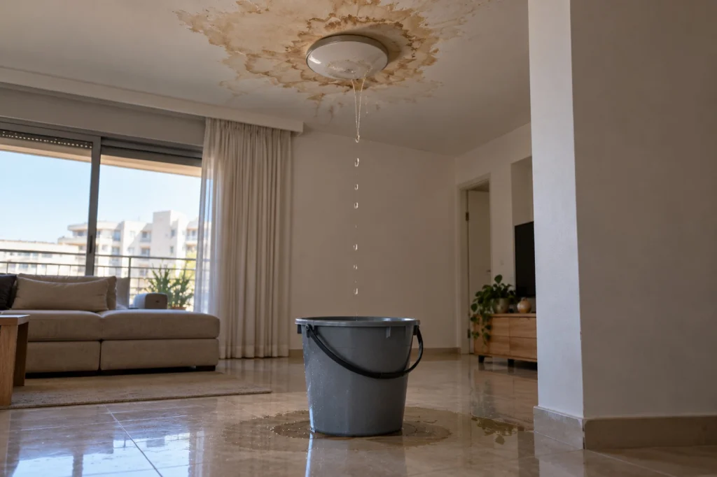 מים מטפטפים מהתקרה לדלי בסלון