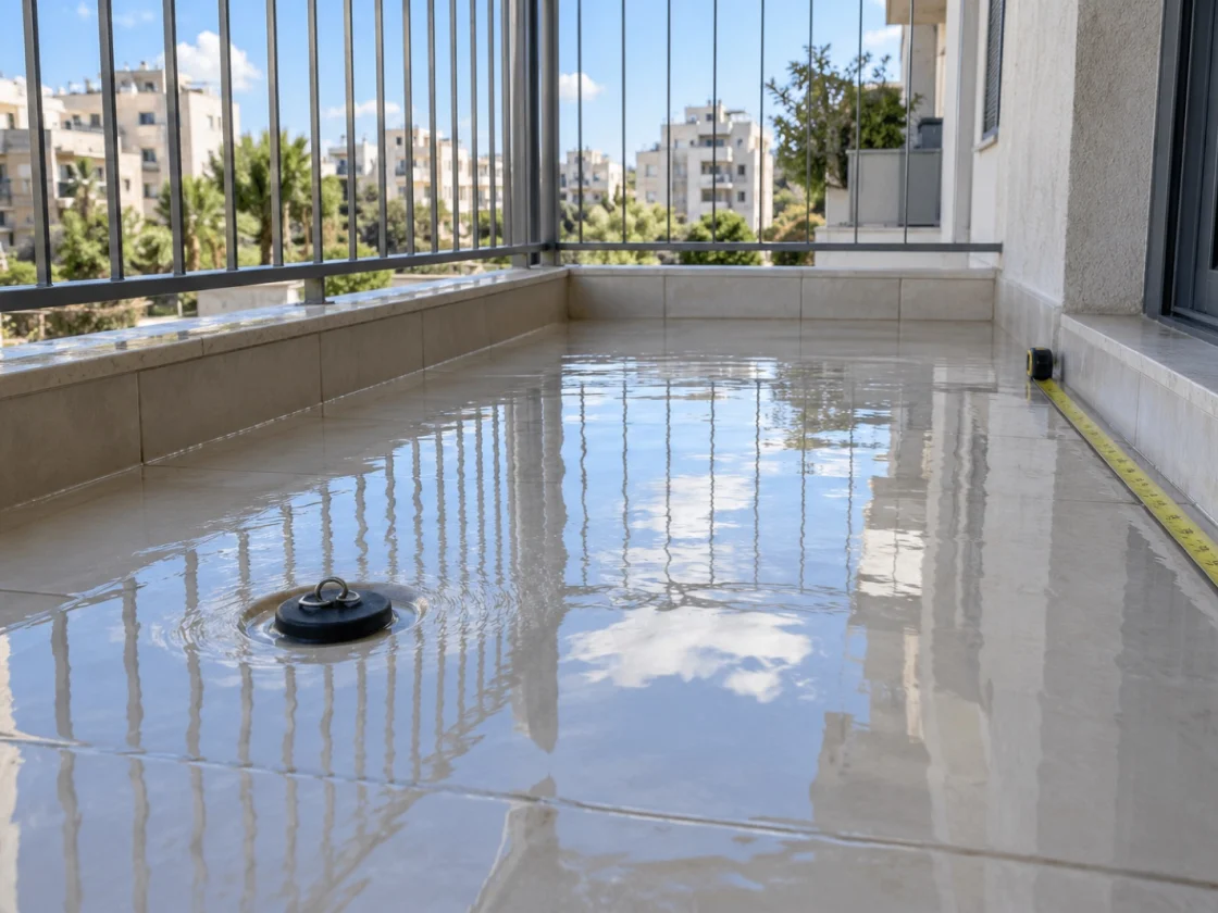 בדיקת הצפה במרפסת: מים על הריצוף סביב פתח הניקוז